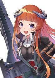 Rule 34 | 1girl, :d, arknights, bad id, bad twitter id, bagpipe (arknights), black gloves, commentary request, gloves, horns, jacket, long hair, looking at viewer, open mouth, orange hair, purple eyes, simple background, smile, solo, upper body, weapon, white background, yuzuruka (bougainvillea)
