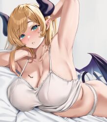 Rule 34 | 1girl, alternate costume, aqua eyes, arm up, armpits, blonde hair, blush, breast tattoo, breasts, camisole, cleavage, commentary, cowboy shot, demon girl, demon horns, demon tail, demon wings, grey background, hand in own hair, highres, hololive, horns, lace, lace-trimmed camisole, lace-trimmed panties, lace trim, large breasts, lips, long hair, looking at viewer, low wings, lying, moisture (chichi), on bed, on stomach, panties, parted lips, pillow, pointy ears, simple background, solo, swept bangs, tail, tattoo, underwear, virtual youtuber, white camisole, white panties, winged heart tattoo, wings, yuzuki choco