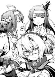 Rule 34 | 3girls, ahoge, chrysanthemum, commentary request, flower, fusou (kancolle), glasses, greyscale, headband, kantai collection, kongou (kancolle), lineart, looking at viewer, looking to the side, mast, monochrome, multiple girls, musashi (kancolle), smile, tk (takotsuboya), transparent bangs, type 91 armor-piercing shell