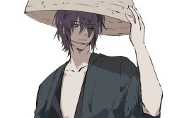 Rule 34 | 1boy, 76piccolo, eyes visible through hair, gintama, green eyes, hair over one eye, hand on headwear, hat, highres, japanese clothes, male focus, one eye closed, parted lips, purple hair, simple background, solo, takasugi shinsuke, white background