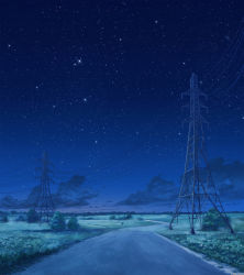 Rule 34 | arsenixc, blue theme, bush, cloud, commentary, everlasting summer, field, game cg, grass, highres, horizon, landscape, night, night sky, no humans, outdoors, plant, power lines, road, rural, scenery, shadow, sky, star (sky), starry sky, utility pole, valley