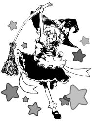 Rule 34 | 1girl, broom, dress, female focus, full body, greyscale, hat, hiyorimi, kirisame marisa, monochrome, simple background, solo, touhou, white background, witch, witch hat