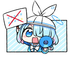 Rule 34 | 1girl, arona (blue archive), blue archive, blue background, blue eyes, blue hair, blue shirt, blush stickers, braid, chan co, chibi, commentary, foreshortening, hair over one eye, halo, holding, holding megaphone, holding sign, long sleeves, looking at viewer, megaphone, multicolored hair, open mouth, pink hair, raised eyebrow, sailor collar, shirt, sign, solo, two-tone hair, upper body, wavy mouth, white headwear