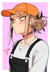 Rule 34 | 1girl, artist name, baseball cap, blonde hair, blunt bangs, boku no hero academia, border, closed mouth, commentary, ear piercing, english commentary, gud0c, hair bun, hat, highres, long hair, looking to the side, overalls, piercing, ponytail, shirt, sidelocks, simple background, single hair bun, solo, toga himiko, upper body, white border, white shirt, yellow eyes