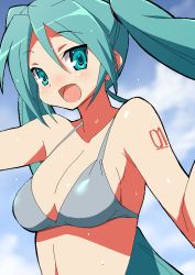 Rule 34 | 1girl, 9law, :d, bad id, bad pixiv id, bikini, breasts, cleavage, green eyes, green hair, hatsune miku, long hair, matching hair/eyes, oekaki, open mouth, smile, solo, swimsuit, twintails, upper body, vocaloid, wet