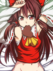 Rule 34 | 1girl, armpits, arms up, ascot, brown hair, candy, chocolate, chocolate heart, detached sleeves, female focus, food, groin, hair tubes, hakurei reimu, heart, japanese clothes, long hair, lying, midriff, miko, mouth hold, navel, on back, out-of-frame censoring, red eyes, sarashi, solo, tori (minamopa), touhou