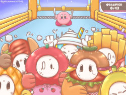 Rule 34 | artist name, banana, blue eyes, blush stickers, burger, crossover, fall guys, finish line, fleeing, food, food-themed clothes, fork, french fries, fruit, hot dog, kirby, kirby (series), knife, milkshake, nintendo, pineapple, scared, sweat, tomato, user nnnm4577