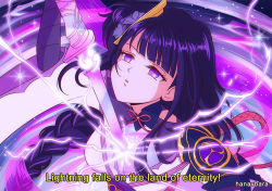 Rule 34 | 1girl, artist name, blunt bangs, bow, bowtie, braid, breasts, cleavage, detached collar, drawing sword, english text, genshin impact, hair ornament, hanavbara, holding, holding sword, holding weapon, human scabbard, japanese clothes, katana, lightning, long hair, long sleeves, looking away, looking up, low ponytail, mole, mole under eye, musou isshin (genshin impact), parted lips, purple eyes, purple hair, raiden shogun, sidelocks, single braid, solo, subtitled, sword, weapon, wide sleeves, wind