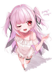 Rule 34 | 1girl, absurdres, black ribbon, blunt bangs, blush, bridal garter, chucolala, dress, hair between eyes, hair ribbon, highres, long hair, looking at viewer, mashiro kanon, one eye closed, pointy ears, ribbon, simple background, smile, solo, to naive, two side up, virtual youtuber, white background