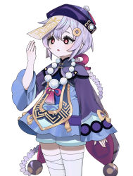 Rule 34 | 1girl, bad id, bad pixiv id, bead necklace, beads, coin hair ornament, dress, genshin impact, hair between eyes, hair ornament, hat, highres, jewelry, jiangshi, necklace, open mouth, purple dress, purple eyes, purple hair, qingdai guanmao, qiqi (genshin impact), simple background, sono cownoo, thighhighs, white background, wide sleeves