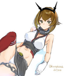 Rule 34 | 1girl, arm support, bare shoulders, breasts, brown hair, chain, dated, gloves, green eyes, grey skirt, hairband, headgear, kangoku kou, kantai collection, large breasts, looking at viewer, midriff, miniskirt, mutsu (kancolle), panties, pantyshot, pleated skirt, red thighhighs, short hair, simple background, skirt, solo, thighhighs, twitter username, underwear, upskirt, white background, white gloves, white panties