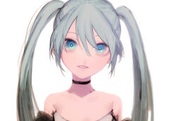 Rule 34 | 1girl, 9ibem, black choker, blue eyes, blue hair, bright pupils, choker, commentary, costume request, hair between eyes, hatsune miku, long hair, looking at viewer, parted lips, sleeveless, solo, strapless, twintails, vocaloid, white background