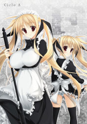 Rule 34 | 00s, ashermes, bad id, bad pixiv id, bardiche (nanoha), blonde hair, blush, breasts, fate testarossa, huge breasts, long hair, lyrical nanoha, mahou shoujo lyrical nanoha, mahou shoujo lyrical nanoha strikers, maid, panties, red eyes, thighhighs, time paradox, twintails, underwear