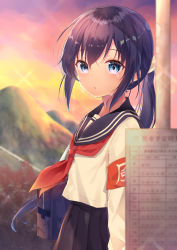 Rule 34 | 1girl, armband, bag, black sailor collar, black skirt, blue eyes, blurry, blurry background, blurry foreground, blush, brown hair, cloud, cloudy sky, commentary request, crying, crying with eyes open, depth of field, gyozanuko, hair between eyes, hair ribbon, highres, long hair, long sleeves, looking at viewer, low ponytail, neckerchief, original, outdoors, parted lips, pleated skirt, ponytail, red neckerchief, ribbon, sailor collar, school bag, school uniform, serafuku, shirt, sidelocks, skirt, sky, solo, sunset, tears, very long hair, white ribbon, white shirt