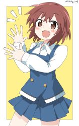 Rule 34 | 1girl, absurdres, bad id, bad pixiv id, blue skirt, blue vest, blush, border, brown eyes, brown hair, collared shirt, commentary, cowboy shot, cynical (llcbluckg c004), fang, hands up, highres, inokuma youko, kin-iro mosaic, long sleeves, looking at viewer, notice lines, open mouth, outside border, pleated skirt, school uniform, shirt, short hair, simple background, skirt, smile, solo, standing, twitter username, vest, white border, white shirt, yellow background