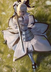 Rule 34 | 1girl, ahoge, armor, armored boots, armored dress, artoria pendragon (fate), black bow, blonde hair, boots, bow, caliburn (fate), closed mouth, day, detached sleeves, dress, excalibur (fate/stay night), fate/grand order, fate (series), faulds, fighting stance, frilled dress, frills, from above, gauntlets, grass, greaves, green eyes, hair bow, holding, holding sword, holding weapon, lips, outdoors, ponytail, raikoart, saber lily, sidelocks, signature, solo, sword, weapon, white dress
