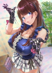 Rule 34 | 1girl, 2t (tanakatakuto), black gloves, blunt bangs, breasts, brown hair, center frills, cleavage, covered erect nipples, cum, cum string, frills, gloves, head tilt, highres, huge breasts, indoors, lips, long hair, lotion, miniskirt, mole, mole under eye, mole under mouth, original, plant, potted plant, purple eyes, skirt, sleeveless, solo, suggestive fluid, towel, white skirt