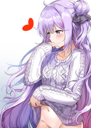 Rule 34 | 1girl, absurdres, ahoge, aran sweater, azur lane, blush, bottomless, breasts, cable knit, closed mouth, clothes lift, collarbone, commentary, embarrassed, gradient background, groin, hair bun, hair ribbon, hand up, highres, lifting own clothes, long hair, medium breasts, navel, out-of-frame censoring, purple eyes, purple hair, purple sweater, revision, ribbon, side bun, single side bun, solo, standing, stomach, sunhyun, sweater, sweater lift, thighs, unicorn (azur lane), very long hair