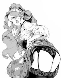 Rule 34 | 10s, 1girl, ass, blush, bracelet, clothes lift, dress, dress lift, earrings, floral print, garter belt, garter straps, greyscale, hairband, heart, heart necklace, idolmaster, idolmaster million live!, jacket, jewelry, lace, lace panties, lingerie, long hair, looking back, monochrome, necklace, nikaidou chizuru, niku-name, open mouth, panties, ponytail, solo, thighhighs, underwear, very long hair
