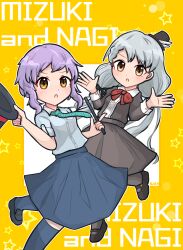Rule 34 | 2girls, :o, black dress, black footwear, black socks, blue shirt, blue skirt, blue socks, blush, bow, bowtie, buttons, character name, checkered necktie, commentary request, dress, grey hair, hands up, hat, highres, hisakawa nagi, holding, holding clothes, holding hat, holding wand, idolmaster, idolmaster cinderella girls, idolmaster million live!, long hair, long sleeves, looking at viewer, low twintails, makabe mizuki, mini hat, multiple girls, necktie, purple hair, red bow, red bowtie, shirt, short hair, short sleeves, sidelocks, skirt, snosqu, socks, star (symbol), top hat, twintails, v-shaped eyebrows, wand, wavy hair, yellow background, yellow eyes