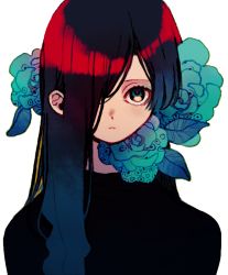Rule 34 | 1girl, black sweater, closed mouth, flower, green eyes, green flower, hair over one eye, ka (marukogedago), long hair, looking at viewer, one eye covered, original, red hair, simple background, solo, sweater, upper body, white background