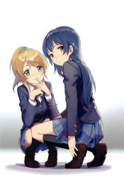 Rule 34 | 2girls, absurdres, ayase eli, blazer, blonde hair, blue eyes, blue hair, bow, bowtie, closed mouth, finger to mouth, from behind, full body, hair between eyes, highres, huanxiang heitu, jacket, kneehighs, long hair, long sleeves, looking at viewer, love live!, love live! school idol project, multiple girls, non-web source, otonokizaka school uniform, ponytail, scan, school uniform, scrunchie, simple background, skirt, smile, socks, sonoda umi, squatting, white background, yellow eyes