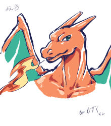 Rule 34 | animal focus, aqua eyes, artist name, breath weapon, breathing fire, charizard, collarbone, creatures (company), dragon, fire, game freak, gen 1 pokemon, highres, japanese text, ka ei volltis, looking at viewer, nintendo, no humans, open mouth, pokemon, pokemon (creature), signature, simple background, sketch, solo, translation request, upper body, white background, wings