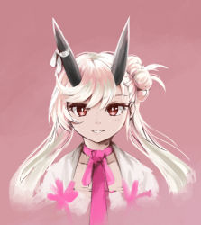 Rule 34 | 1girl, bright pupils, cloud kingdom, horn ornament, horns, long hair, looking at viewer, neck ribbon, original, pas (paxiti), pink background, pink ribbon, red eyes, ribbon, simple background, smile, solo, twintails, upper body, white hair