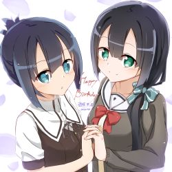 Rule 34 | 2girls, black hair, black ribbon, blue eyes, blush, bow, bowtie, brown vest, cardigan, closed mouth, collarbone, commentary request, dated, folded ponytail, green bow, green eyes, hair between eyes, hair bow, hair over shoulder, happy birthday, highres, long hair, long sleeves, looking at viewer, low ponytail, multiple girls, nogi lief, parted lips, ponytail, puffy short sleeves, puffy sleeves, red neckwear, ribbon, school uniform, shirt, short sleeves, smile, time paradox, tougou mimori, twitter username, very long hair, vest, washio sumi, washio sumi wa yuusha de aru, white background, white shirt, yuuki yuuna wa yuusha de aru, yuusha de aru