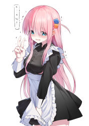 Rule 34 | 1girl, absurdres, apron, black dress, blue eyes, blush, bocchi the rock!, collared dress, commentary request, cowboy shot, cube hair ornament, dress, embarrassed, frilled apron, frills, gotoh hitori, hair ornament, hand up, highres, joehi, long hair, long sleeves, maid, maid apron, one side up, open mouth, pink hair, shaking, simple background, solo, translation request, v, very long hair, wavy mouth, white background