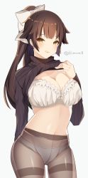 Rule 34 | 1girl, arm behind back, azur lane, black sweater, blunt bangs, blush, bow, bra, breasts, brown hair, brown pantyhose, clothes lift, hair bow, high ponytail, highres, large breasts, lifting own clothes, long hair, long sleeves, looking at viewer, own hands together, panties, panties under pantyhose, pantyhose, parted lips, smile, solo, standing, sweater, sweater lift, takao (azur lane), thighband pantyhose, turtleneck, turtleneck sweater, twitter username, underwear, white bow, white bra, white panties, yellow eyes