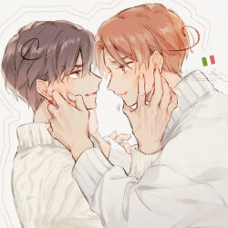 2boys ahoge anger_vein artist_name axis_powers_hetalia brothers brown_hair commentary_request fingernails hands_on_another&#039;s_face highres italian_flag lanzhu long_sleeves looking_at_another male_focus multiple_boys northern_italy_(hetalia) orange_eyes orange_hair puffy_long_sleeves puffy_sleeves short_hair siblings simple_background southern_italy_(hetalia) sweater teeth twins upper_body v-shaped_eyebrows watermark white_background white_sweater yellow_eyes