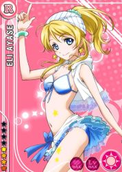 Rule 34 | 10s, 1girl, :&gt;, arm up, ayase eli, bandana, bare shoulders, bikini, bikini skirt, bikini top only, blonde hair, blue bikini, blue bow, blue eyes, blush, bow, bracelet, breasts, card (medium), cleavage, collarbone, earrings, frilled skirt, frilled swimsuit, frills, front-tie top, hair ornament, high ponytail, idol, jewelry, long hair, looking at viewer, love live!, love live! school idol festival, love live! school idol project, natsuiro egao de 1 2 jump!, navel, necklace, official art, open clothes, pink background, pointing, pointing up, skirt, sleeveless, small breasts, smile, solo, sparkle, standing, star (symbol), star earrings, striped, sun symbol, swimsuit