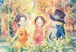 Rule 34 | 3boys, bandages, bandaid, black hair, blonde hair, brother, brothers, child, clothes writing, east blue, freckles, goggles, happy, hat, male focus, missing tooth, monkey d. luffy, multiple boys, one piece, outdoors, plant, pole, portgas d. ace, sabo (one piece), siblings, sirius0512, smile, straw hat, top hat, tree, aged down