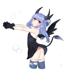 Rule 34 | 1girl, ass, bare shoulders, black dress, black gloves, blue hair, blue thighhighs, blush, bubble, cowboy shot, demon girl, demon tail, dress, flat ass, from side, gloves, gwayo, hair ribbon, head tilt, horns, long hair, orange eyes, outstretched arms, own hands clasped, own hands together, panties, panty pull, ribbon, short dress, simple background, solo, tail, thighhighs, torn clothes, torn thighhighs, underwear, white background, white panties, wings