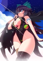 Rule 34 | 1girl, alternate costume, amiscia, amisu, bare shoulders, black hair, black thighhighs, bow, breasts, brown eyes, cleavage, cleavage cutout, clothing cutout, curvy, female focus, hair bow, highres, large breasts, leotard, long hair, race queen, reiuji utsuho, revision, skindentation, solo, thick thighs, thighhighs, thighs, third eye, touhou, umbrella, wings