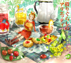 Rule 34 | 10s, 1girl, analog (analoglog), arm support, arrietty, bad id, bad pixiv id, bag, boots, bouquet, brown hair, bug, cookie, cup, dress, flower, food, fruit, highres, in food, insect, jam, juice, karigurashi no arrietty, ladybug, leaf, lemon, mini person, minigirl, needle, open mouth, pitcher (container), ponytail, red dress, red skirt, saucer, sitting, skirt, solo, spoon, studio ghibli, teapot, thumbprint cookie