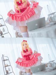 Rule 34 | 1girl, apple inc., asian, blonde hair, blush, bow, clothes lift, computer, cosplay, couch, dress, dress lift, drill hair, eromanga sensei, gluteal fold, hair bow, hairband, highres, laptop, lifted by self, long hair, monitor, parted bangs, photo (medium), pink dress, red bow, solo, thighhighs, thighs, twin drills, white thighhighs, yamada elf