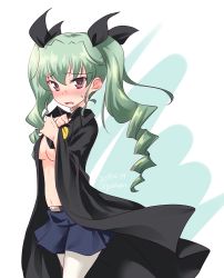 Rule 34 | 1girl, anchovy (girls und panzer), anzio school uniform, belt, black belt, black cape, black ribbon, black skirt, blush, breasts, cape, cape tug, commentary, covering privates, covering breasts, cowboy shot, dated, drill hair, embarrassed, frown, girls und panzer, green hair, hair ribbon, highres, kuzuryuu kennosuke, long hair, looking at viewer, medium breasts, miniskirt, navel, one-hour drawing challenge, open mouth, pantyhose, pleated skirt, red eyes, ribbon, school uniform, skirt, solo, standing, sweatdrop, topless, twin drills, twintails, twitter username, white background, white pantyhose