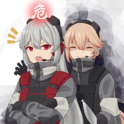 Rule 34 | 2girls, act (xadachit), aura, behind another, black gloves, blonde hair, charolic (girls&#039; frontline 2), closed mouth, commentary, crossed arms, dark aura, english commentary, evil smile, girls&#039; frontline, girls&#039; frontline 2: exilium, gloves, grey hair, hair between eyes, headset, highres, holding, holding knife, knife, long hair, long sleeves, looking to the side, military, military uniform, multiple girls, open mouth, ots-14 (girls&#039; frontline), red eyes, shaded face, smile, teeth, uniform, upper body, upper teeth only