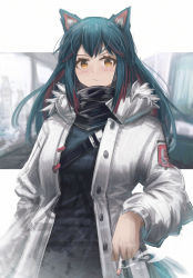 Rule 34 | 1girl, absurdres, animal ears, arknights, black hair, black shirt, blush, buttons, cigarette, coat, colored inner hair, commentary, franlol, fur-trimmed hood, fur trim, highres, holding, holding cigarette, hood, hood down, hooded coat, long hair, long sleeves, looking at viewer, multicolored hair, official alternate costume, open clothes, open coat, red hair, shirt, solo, streaked hair, texas (arknights), texas (winter messenger) (arknights), upper body, white background, white coat, winter clothes, winter coat, wolf ears, yellow eyes