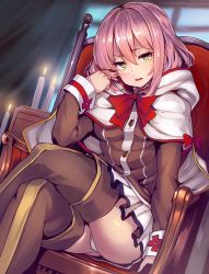 Rule 34 | 1girl, armchair, boots, bow, bowtie, brown shirt, brown thighhighs, capelet, chair, commentary request, crossed legs, green eyes, hair between eyes, hand up, highres, hood, hood down, kaifuku jutsushi no yarinaoshi ~sokushi mahou to skill copy no chouetsu heal~, long sleeves, looking at viewer, norn clatalissa jioral, panties, pants, pantyshot, parted lips, pink hair, red bow, red bowtie, shiokonbu, shirt, sitting, skirt, solo, thigh boots, thighhighs, underwear, upskirt, white capelet, white pants, white skirt