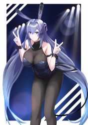 Rule 34 | 1girl, :3, anchor ornament, animal ears, arm strap, azur lane, bare shoulders, black leotard, blue eyes, blue nails, bodystocking, breasts, cleavage, double v, fake animal ears, headgear, highres, large breasts, leaning forward, leotard, long hair, looking at viewer, nail polish, new jersey (azur lane), new jersey (exhilarating steps!) (azur lane), official alternate costume, oi(89594), playboy bunny, purple hair, rabbit ears, see-through, see-through cleavage, sleeveless, solo, stage lights, standing, strapless, strapless leotard, v, very long hair, wrist cuffs
