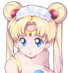 Rule 34 | 1girl, bishoujo senshi sailor moon, blonde hair, blue eyes, breasts, closed mouth, crescent, crescent earrings, diadem, double bun, earrings, female focus, hair bun, hair ornament, highres, jewelry, large breasts, lips, long twintails, looking at viewer, magical girl, nude, pout, sailor moon, simple background, solo, tagme, tiara, twintails, upper body, white background