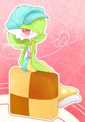 Rule 34 | 1girl, arms at sides, artist name, bare shoulders, blue dress, blue hat, blush, bob cut, cabbie hat, checkerboard cookie, closed mouth, clothed pokemon, cookie, creatures (company), dress, female focus, food, from behind, game freak, gardevoir, gardevoir (cafe), gen 3 pokemon, gradient background, green hair, hair over one eye, happy, hat, heart, highres, looking at viewer, looking back, nintendo, one eye covered, outline, oversized food, oversized object, pink background, pokemon, pokemon (creature), pokemon unite, red eyes, short hair, sitting, sleeveless, sleeveless dress, smile, solo, split mouth, twitter username, two-tone dress, watermark, white outline, yellow dress, yuri (fl0werspace)