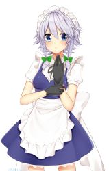 Rule 34 | 1girl, absurdres, apron, artist name, bad id, bad twitter id, black gloves, black ribbon, blue dress, blue eyes, blush, bow, braid, breasts, commentary request, cowboy shot, dress, frilled apron, frills, gloves, green bow, hair between eyes, hair bow, hand up, highres, izayoi sakuya, looking at viewer, maid, maid apron, maid headdress, medium breasts, neck ribbon, parted lips, petticoat, puffy short sleeves, puffy sleeves, ribbon, shinonome asu, shirt, short hair, short sleeves, silver hair, simple background, solo, standing, touhou, twin braids, twitter username, waist apron, white apron, white background, white shirt, wing collar