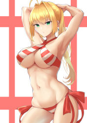 Rule 34 | 1girl, absurdres, ahoge, armpits, arms behind head, bikini, breasts, c.rabbit, chromatic aberration, contrapposto, covered erect nipples, cowboy shot, criss-cross halter, earrings, fate/grand order, fate (series), green eyes, hair intakes, halterneck, highres, jewelry, large breasts, long hair, looking at viewer, navel, nero claudius (fate), nero claudius (fate) (all), nero claudius (swimsuit caster) (fate), red bikini, side-tie bikini bottom, skindentation, solo, stomach, striped bikini, striped clothes, swimsuit, twintails, tying hair