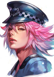 Rule 34 | 1girl, alternate costume, aqua eyes, blue shirt, capcom, cropped torso, eyelashes, final fight, hat, hungry clicker, lips, lipstick, long hair, looking at viewer, makeup, open mouth, peaked cap, pink hair, poison (final fight), police, police badge, police hat, police uniform, policewoman, portrait, shirt, solo, spiked hair, street fighter, street fighter v, teeth, uniform, upper teeth only, white background