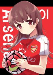 Rule 34 | 10s, 1girl, arsenal fc, ball, barclays premier league, brown eyes, brown hair, england, english text, highres, holding, holding ball, kantai collection, long hair, looking at viewer, ooi (kancolle), smile, soccer, soccer uniform, solo, soramuko, sportswear, upper body