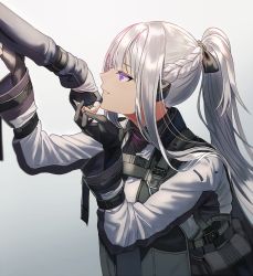 Rule 34 | 1girl, ak-12 (girls&#039; frontline), black gloves, braid, commentary request, french braid, from side, girls&#039; frontline, gloves, gradient background, grey background, grin, hair ribbon, high ponytail, holding another&#039;s arm, long hair, long sleeves, out of frame, parted lips, partially fingerless gloves, purple eyes, ribbon, sidelocks, silence girl, silver hair, smile, tactical clothes